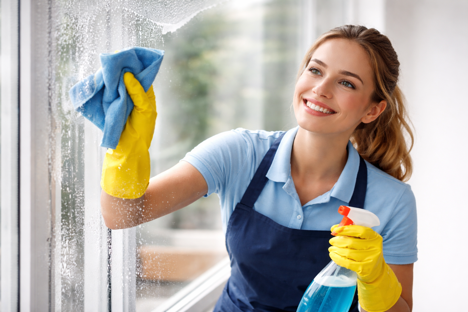 Professional cleaner cleaning house windows